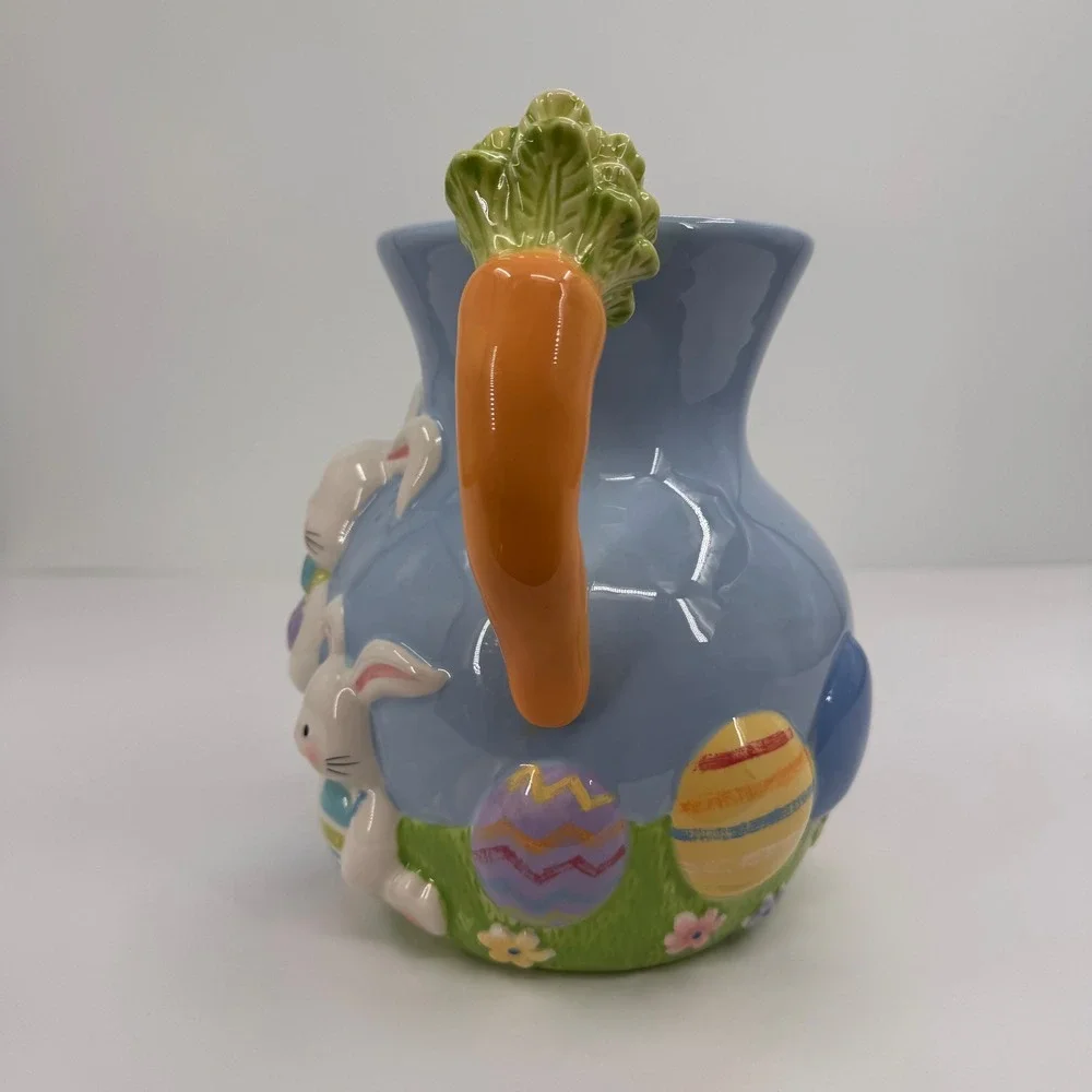 Blossoms & Blooms Easter‎ Bunny Rabbit Ceramic Pitcher Carrot Handle Blue 8